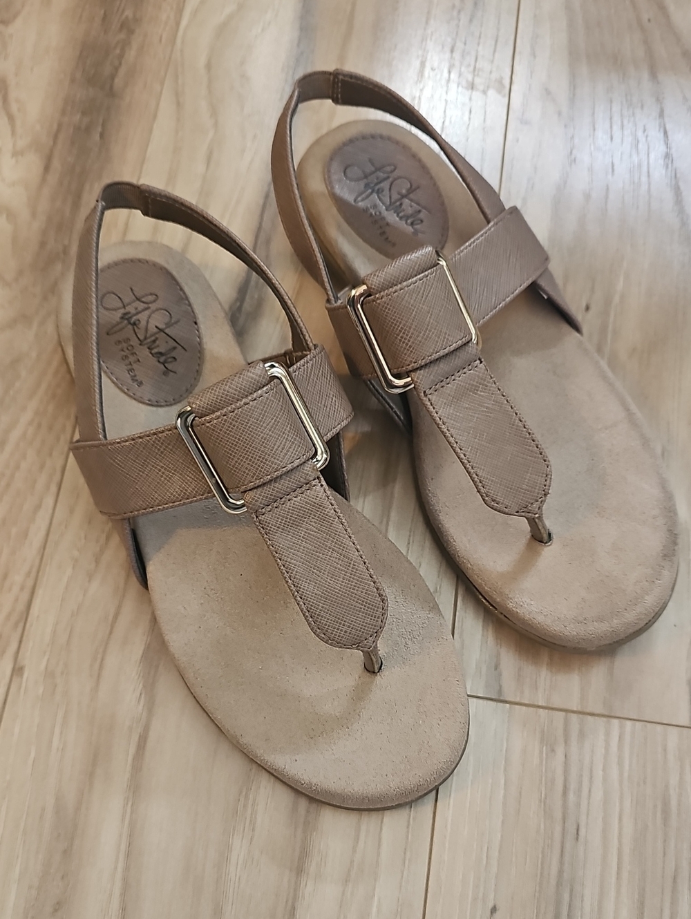 Life Stride Taupe T-Strap Slingback Sandals